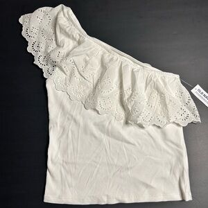 Old Navy One Shoulder Eyelet Ruffle Top White Ribbed Tank Size L NWT